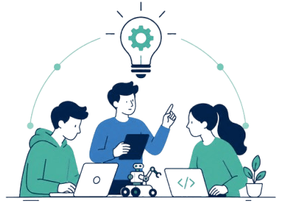 Illustration of a collaborative tech team coding, building robotics, and developing ideas